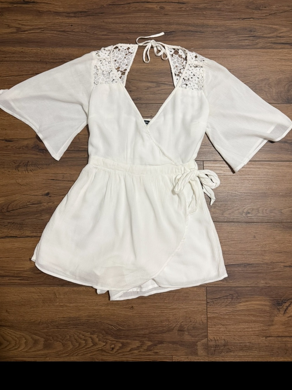 Abercrombie & Fitch White Crochet-Trim Romper Bell Sleeve XS